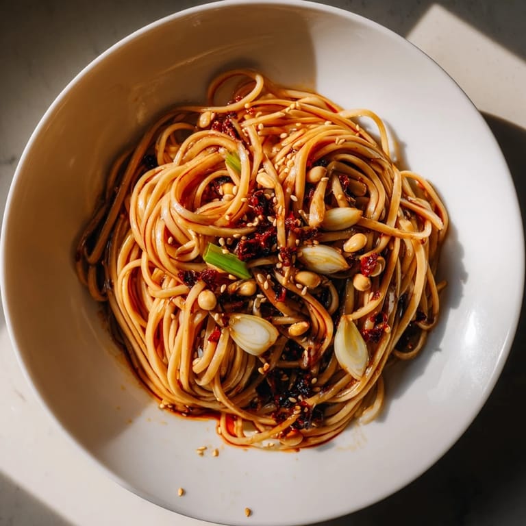 Tantalizing image of perfectly cooked Garlic Chili Oil Noodles, ready to be tossed and enjoyed.