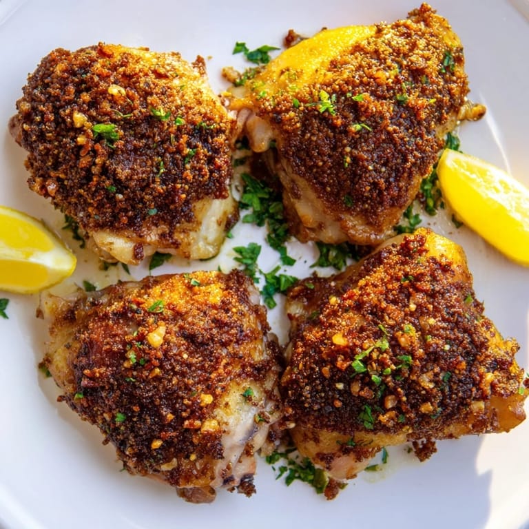 Close-up of crispy garlic chicken thighs: a delightful side dish, aromatic, and perfectly cooked to perfection.