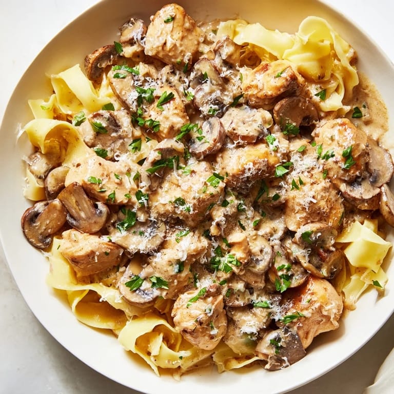 This luscious recipe features Creamy Mushroom Chicken Pasta, an Italian-American classic served with fresh parsley garnish.
