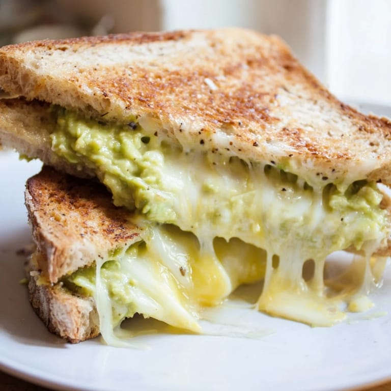 Up close view of a satisfying Avocado Toast Grilled Cheese sandwich, cheese pull visible and ready to devour.