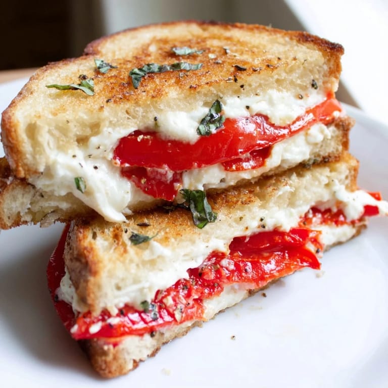 Freshly grilled Roasted Red Pepper Grilled Cheese, with visible bell pepper strips and toasted sourdough bread.