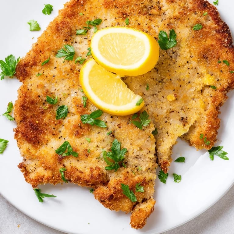 Freshly made German schnitzel cutlet, served with lemon wedges and ready for a delicious meal.