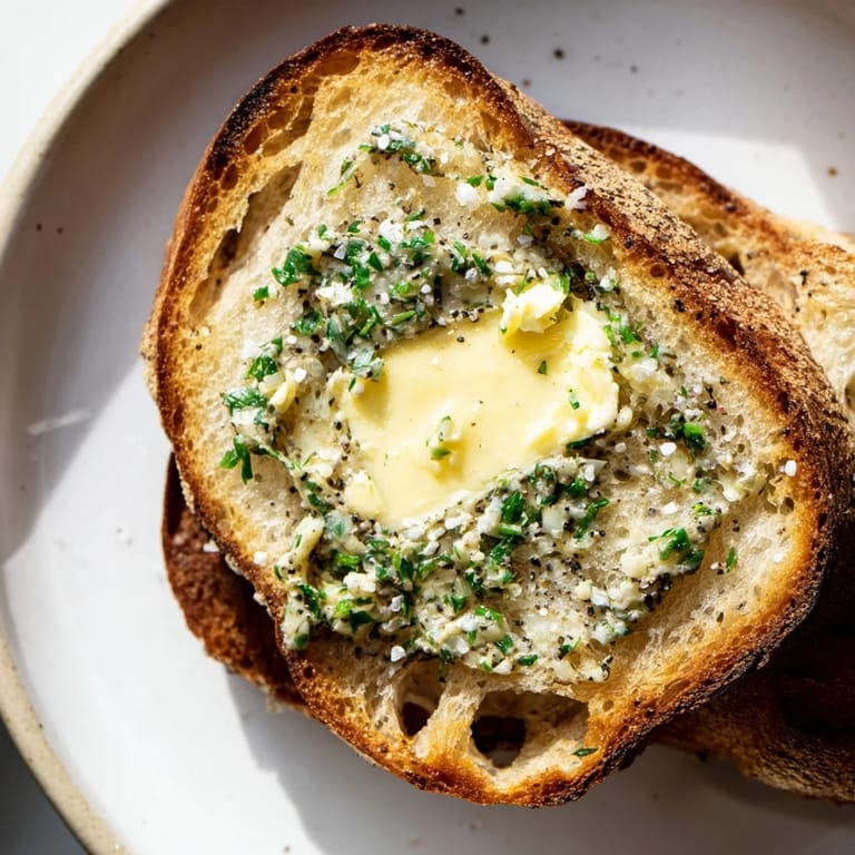 Close-up of freshly made herb butter toast, a delightful snack featuring herb-infused butter and flaky salt.