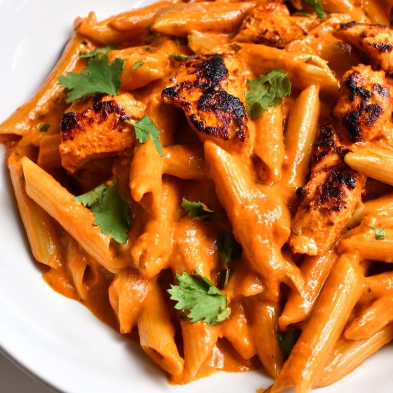 Hearty Chicken Tikka Pasta served warm, featuring charred tikka chicken tossed in a velvety, spiced tomato cream sauce.