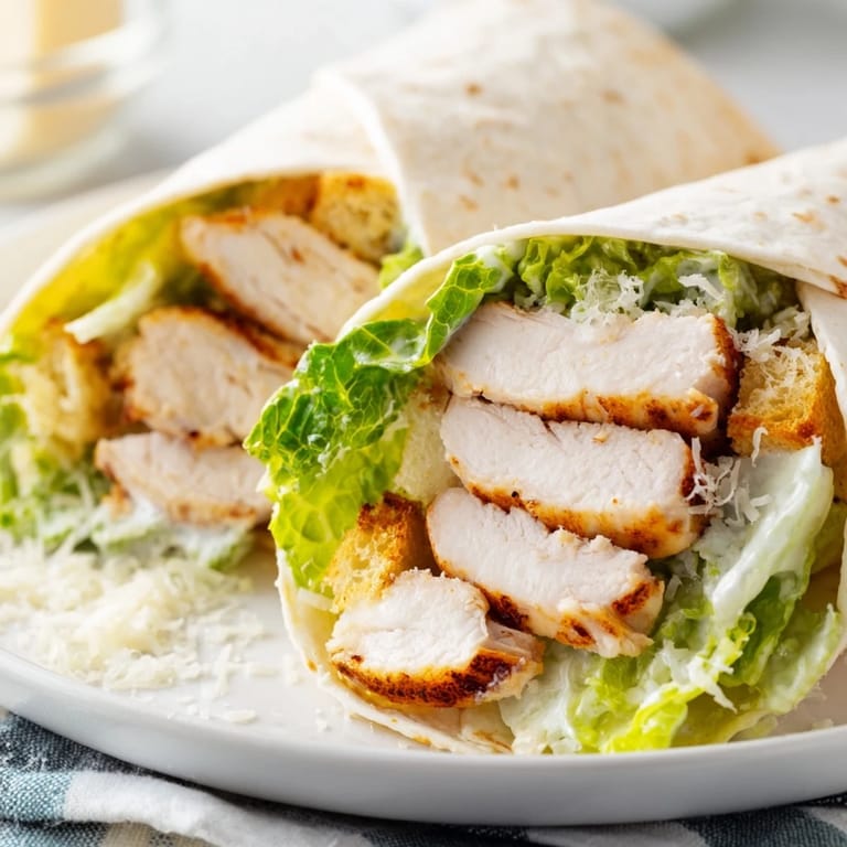 Sliced Caesar Chicken Salad Wrap served on a plate, garnished with freshly ground black pepper.