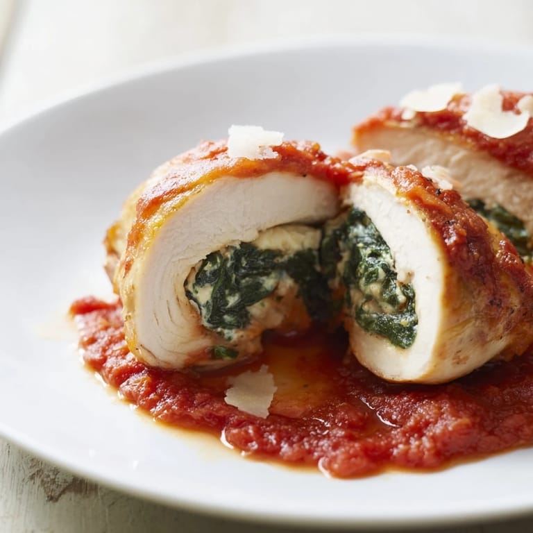 Golden-brown stuffed chicken breasts sliced open to reveal the creamy spinach and ricotta filling, served over a bed of marinara sauce.