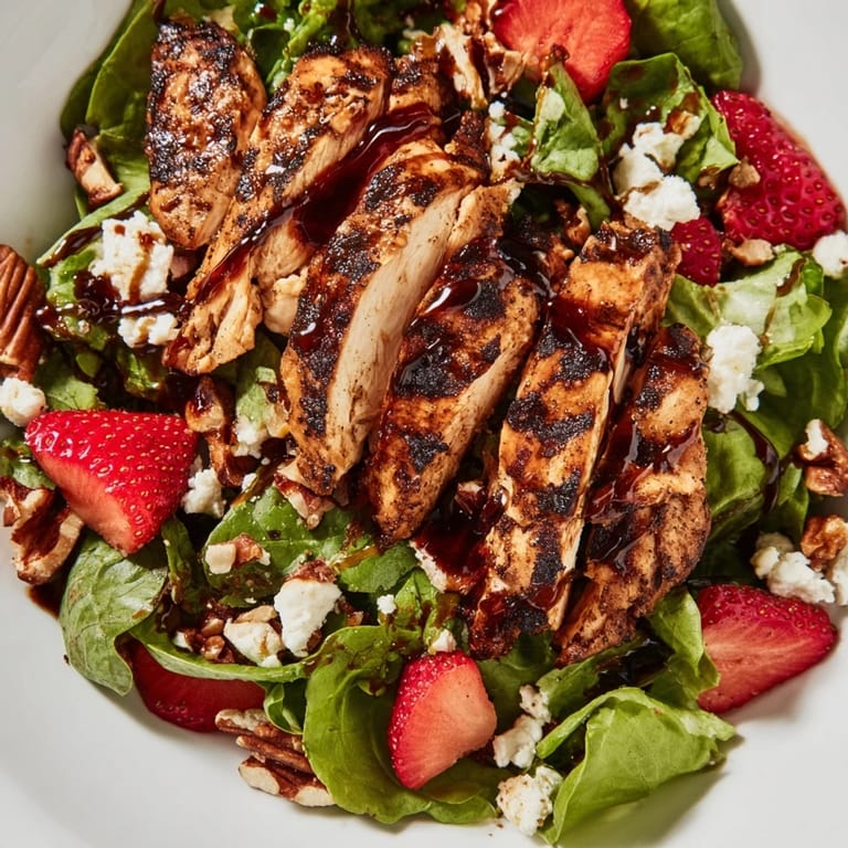 Fresh Honey Balsamic Chicken Salad with sliced strawberries, red onion, and toasted pecans on a bed of greens.