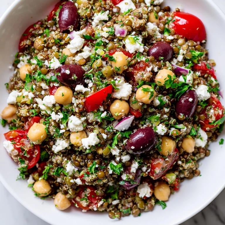 Perfect for meal prep or a light dinner, this vegetarian Greek Power Salad is served chilled with crumbled feta and Kalamata olives for a Mediterranean touch.