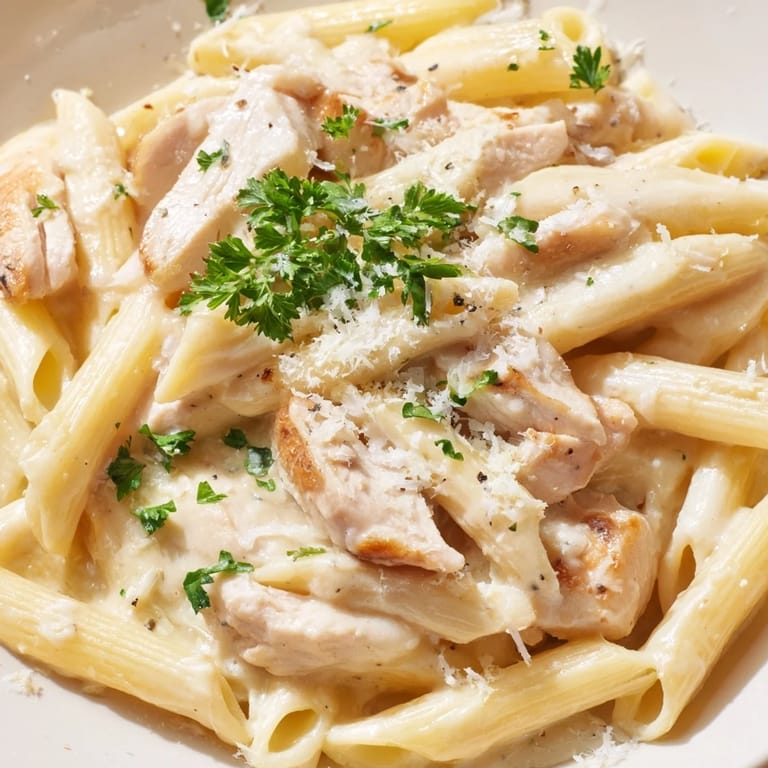 Roasted Garlic Chicken Penne plated with a fork and glass of white wine on a rustic wooden table.