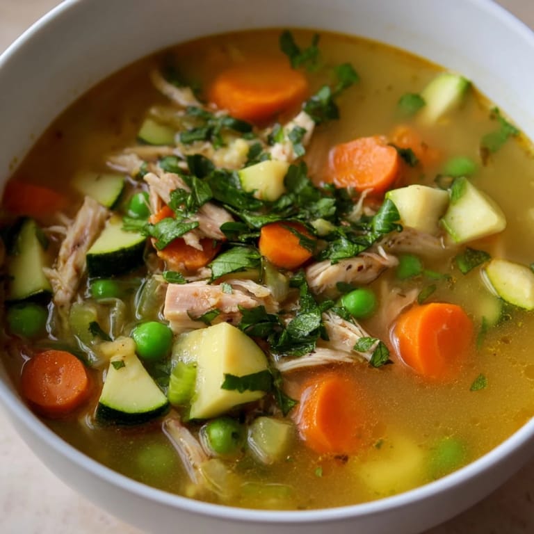 Hearty Spring Garden Chicken Soup in a white bowl, with bright peas and carrots beside a slice of crusty bread.