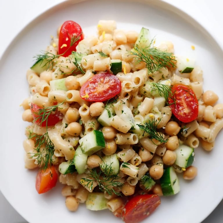 A refreshing, protein-packed Lemon Herb Chickpea Pasta Salad tossed with zesty lemon dressing and savory kalamata olives.