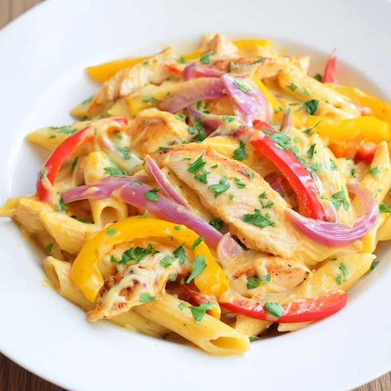 A hearty skillet of fajita-spiced chicken, colorful bell peppers, and pasta in a creamy cheese sauce.