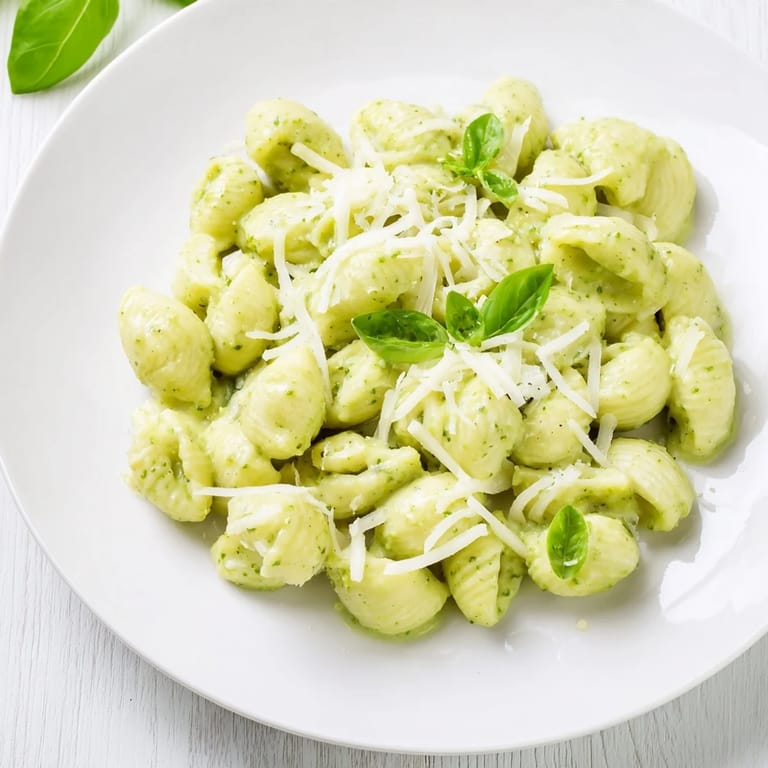 Serve Creamy Avocado Pesto Mac warm, topped with grated Parmesan, alongside a glass of white wine for a complete meal.