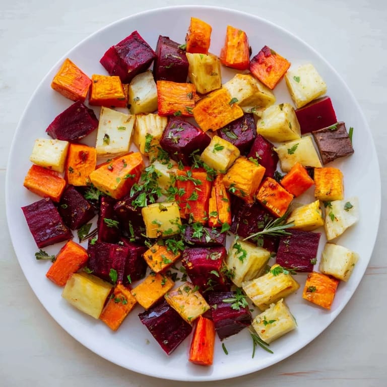 Roasted root vegetable medley in a white ceramic dish, featuring carrots, parsnips, sweet potatoes, and beets with herbs.