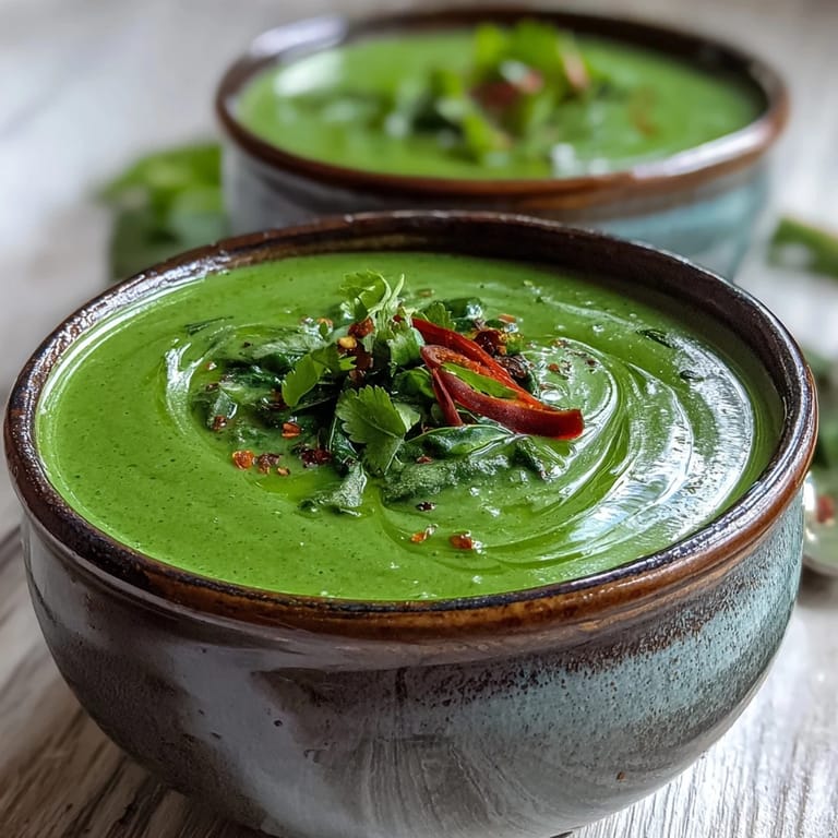 Steaming bowl of homemade Spinach Coriander Lemongrass Soup topped with cilantro and thin slices of red chili.