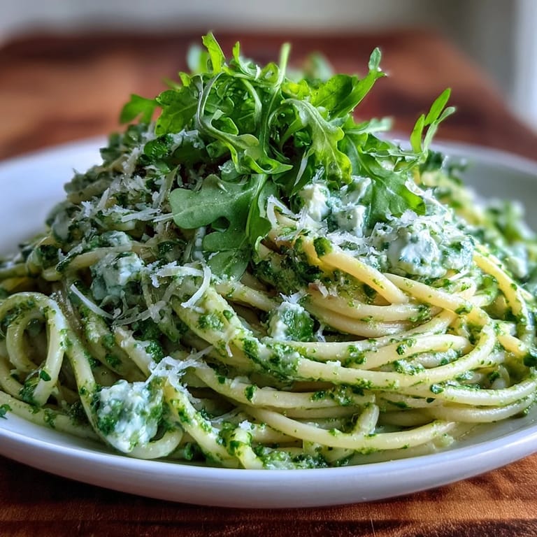 Creamy Linguine with Arugula Pesto in a white bowl with extra arugula and black pepper.