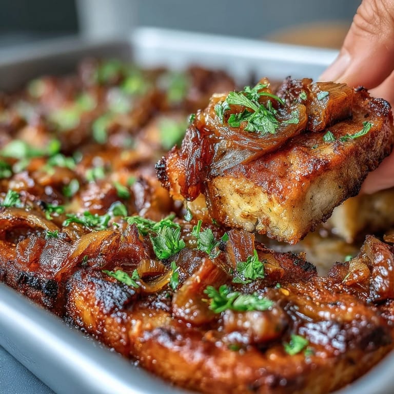A close-up of the warm, savory pork and aromatic rhubarb traybake highlights the glistening glaze and tender textures.