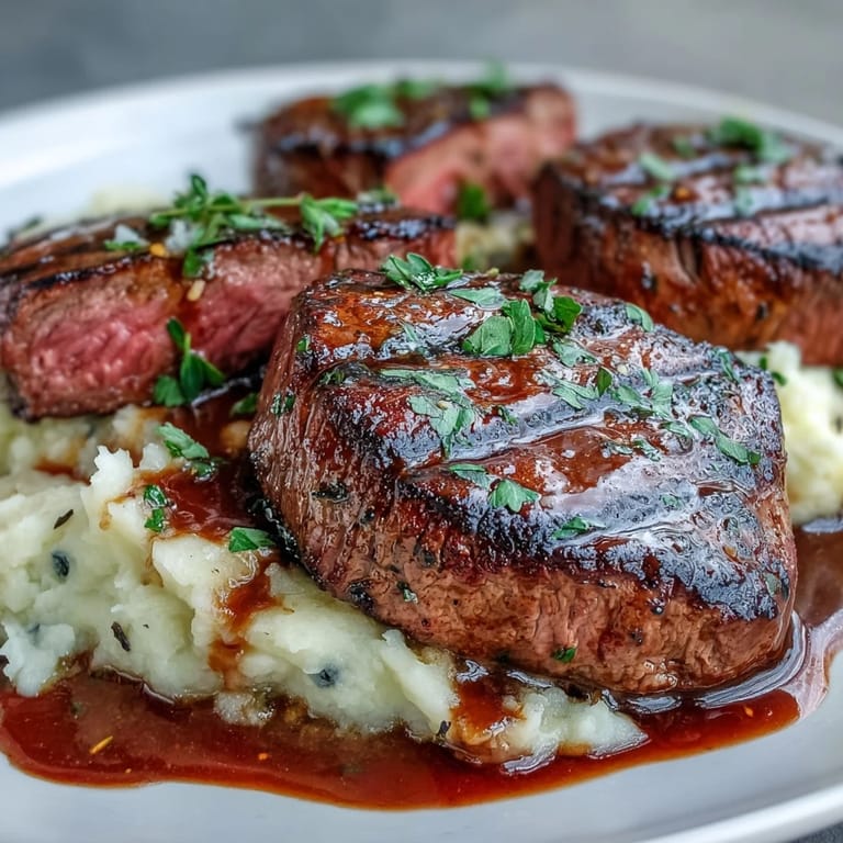Golden venison steaks served over creamy crushed swede with caraway seeds on a rustic plate.