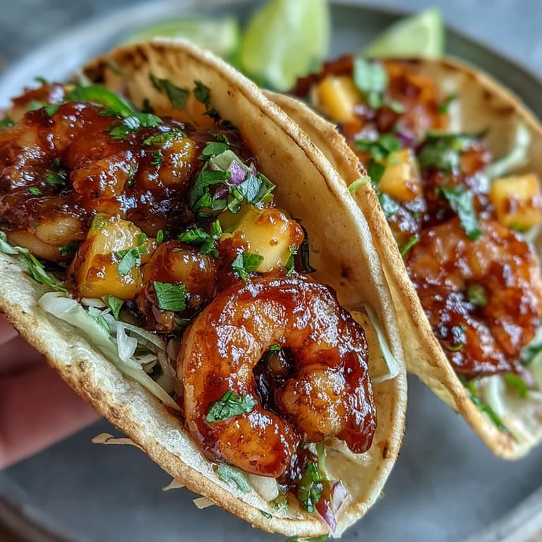 Overhead view of Sriracha Shrimp Tacos with Mango Salsa, featuring juicy shrimp and colorful mango salsa in soft tortillas.
