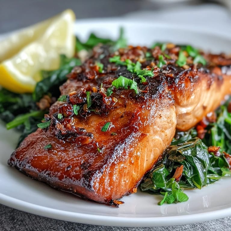 Perfectly flaky salmon with extra-crisp skin, served family-style with sautéed greens and fresh lemon wedges.