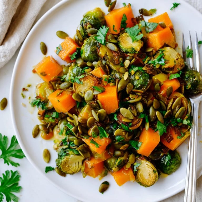 Earthy butternut squash and Brussels sprouts roasted, drizzled with sweet orange dressing for a perfect side dish.