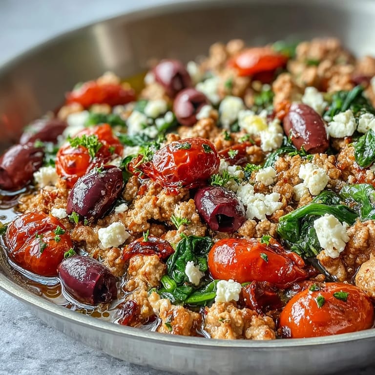 Fresh spinach wilts beside golden ground chicken in a skillet dish topped with bright parsley and creamy feta.