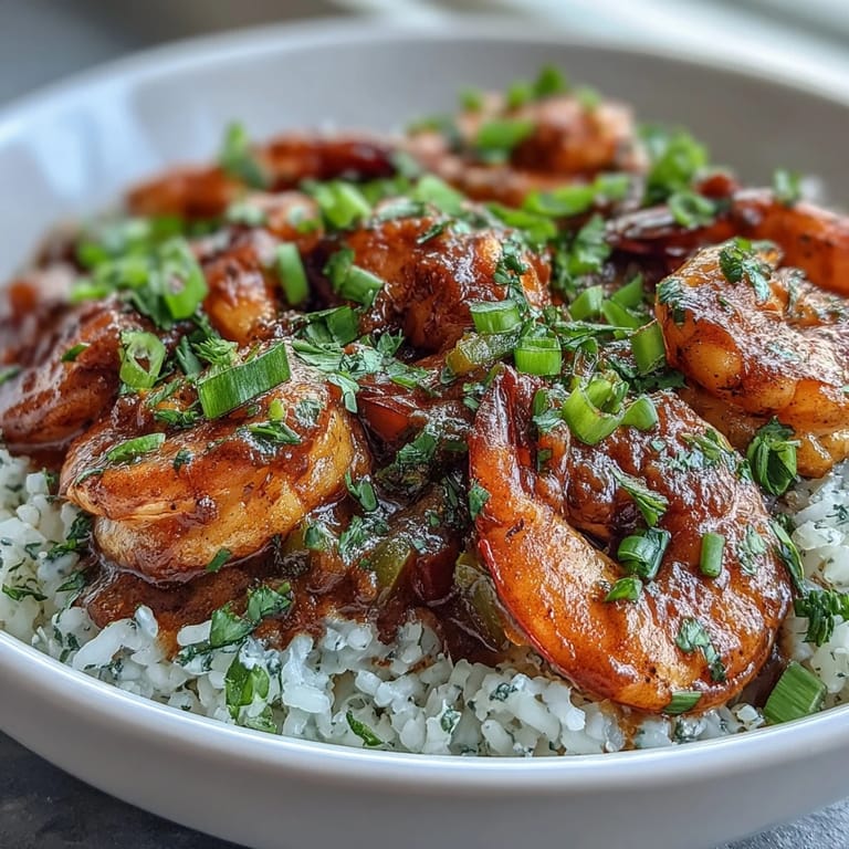 A bowl of Classic New Orleans Étouffée with shrimp simmered in a rich, dark roux and Cajun spices.