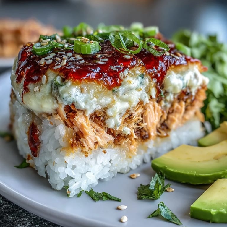 Golden-baked Spicy Salmon Sushi Bake bubbling with melted mozzarella and sriracha-drizzled toppings, served next to crispy seaweed snack sheets for scooping.