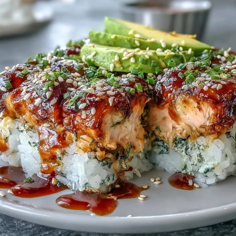 Appetizing serving of Spicy Salmon Sushi Bake in a white dish, topped with fresh avocado slices, green onions, and a side of seaweed wraps.
