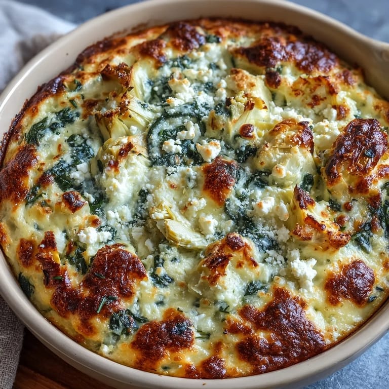Sliced into squares, this High Protein Spinach Artichoke Bake reveals vibrant green spinach and tender artichoke hearts inside.