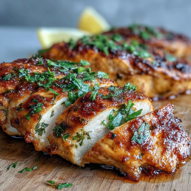 Close-up of juicy Oven Baked Chicken Breast sliced to reveal tender, flavorful interior and garnish.