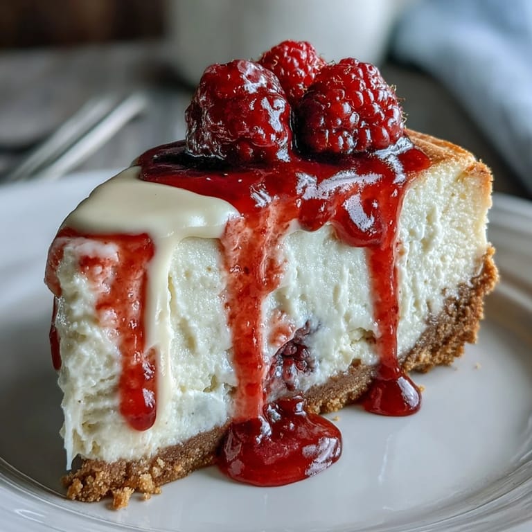 A fork cuts into a wedge of Indulgent White Chocolate Raspberry Cheesecake Bliss, revealing a buttery graham cracker crust and luscious layers.