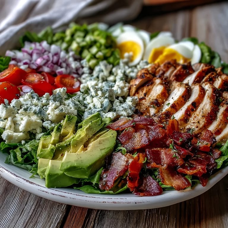 A colorful Cobb Salad Bowl features juicy grilled chicken, crisp bacon, and diced tomatoes over fresh greens.