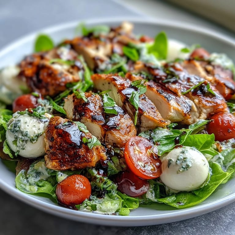 Juicy grilled chicken, creamy mozzarella, and ripe tomatoes in a Caprese Chicken Bowl served with a balsamic glaze drizzle.