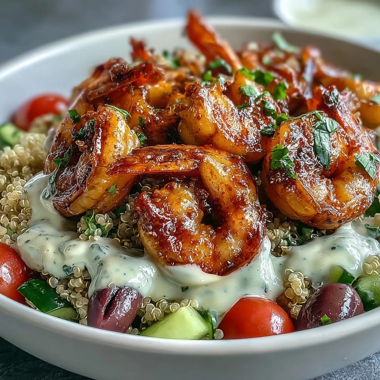 A creamy tahini sauce drizzles over the colorful Mediterranean Shrimp Bowl garnished with parsley and lemon wedges.