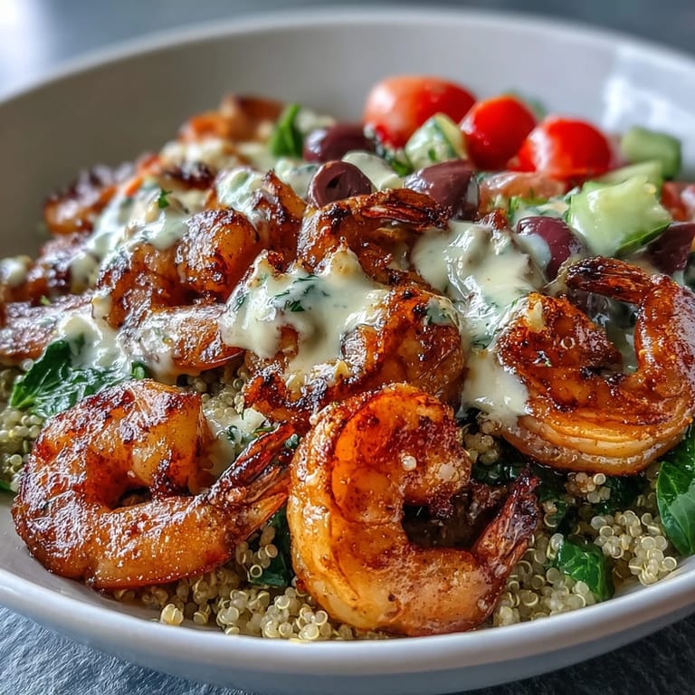 Succulent shrimp and vibrant Mediterranean vegetables fill this healthy Mediterranean Shrimp Bowl, served ready to enjoy on a table.
