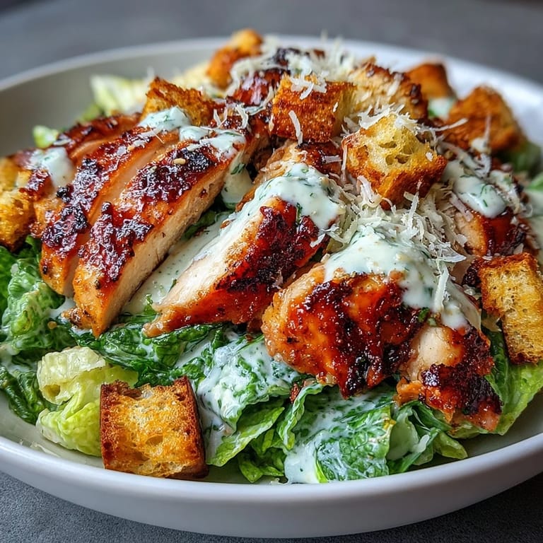 A vibrant Caesar Chicken Bowl features juicy grilled chicken, shaved parmesan, and golden croutons tossed with crisp lettuce and dressing.