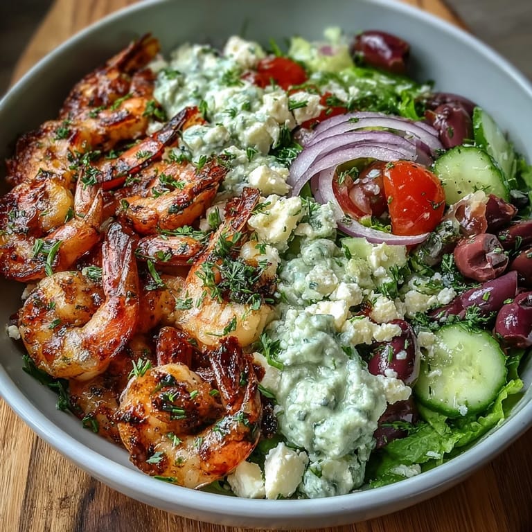Plated Greek Shrimp Bowl served over mixed greens, ready for a quick and easy Mediterranean dinner.