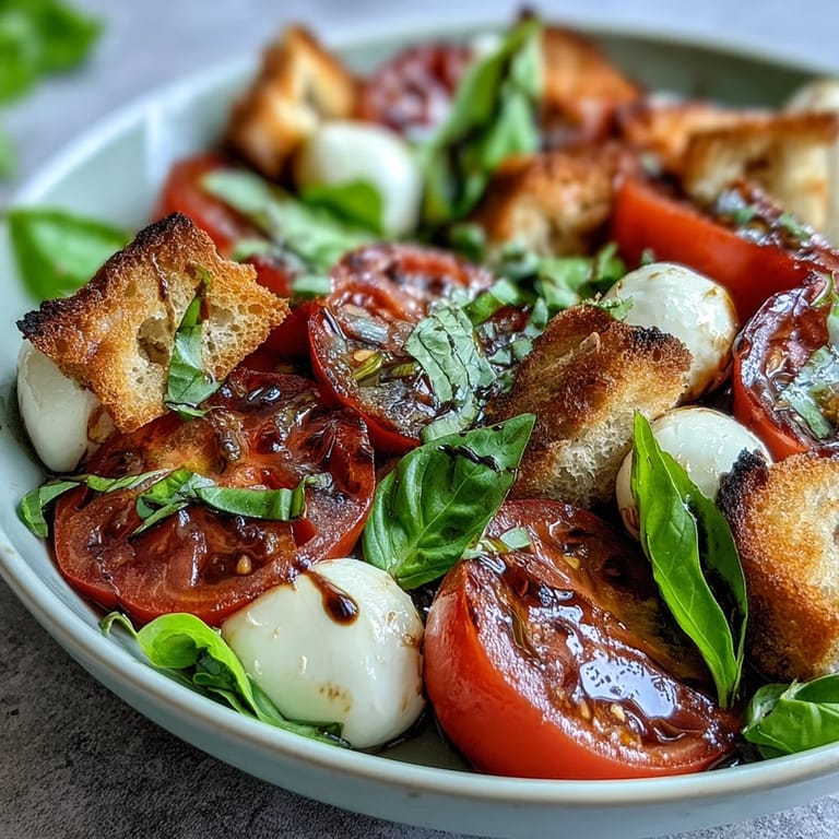Crispy ciabatta croutons and fragrant basil garnish a colorful Caprese Salad Bowl on a rustic table.