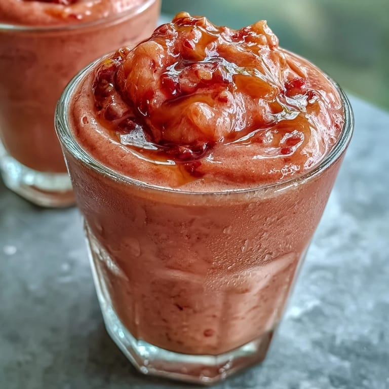A creamy blender pitcher filled with Guava Juice Smoothie, surrounded by tropical fruit slices and a honey dipper.