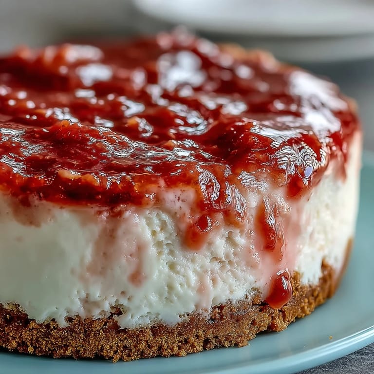 The golden-brown crust of Guava Cheesecake reveals a rich slice topped with vibrant, sweet guava marmalade.