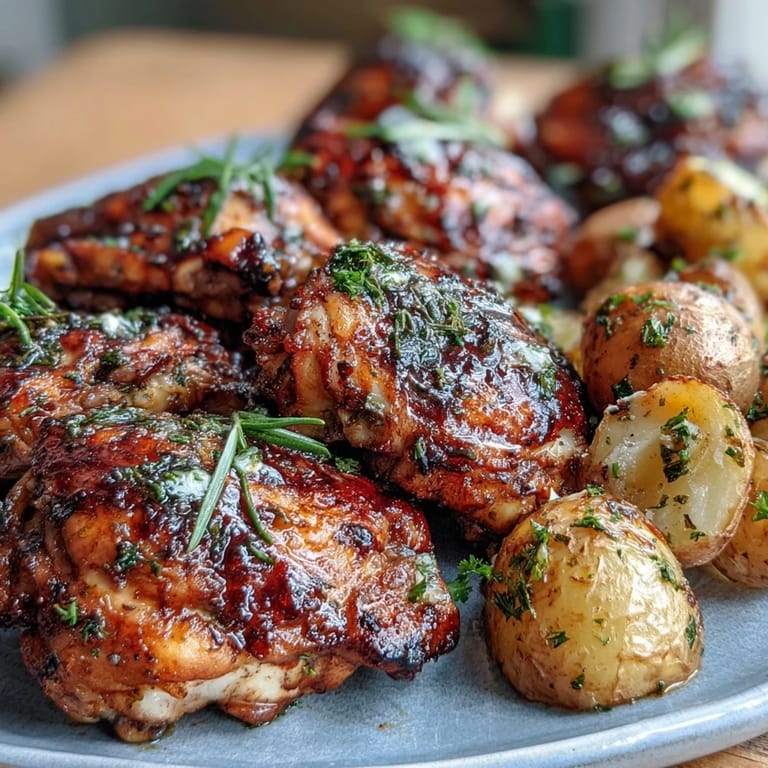 Herb-crusted roasted chicken, infused with lemon and rosemary, served with golden baby potatoes for a vibrant, spring-inspired dinner centerpiece.