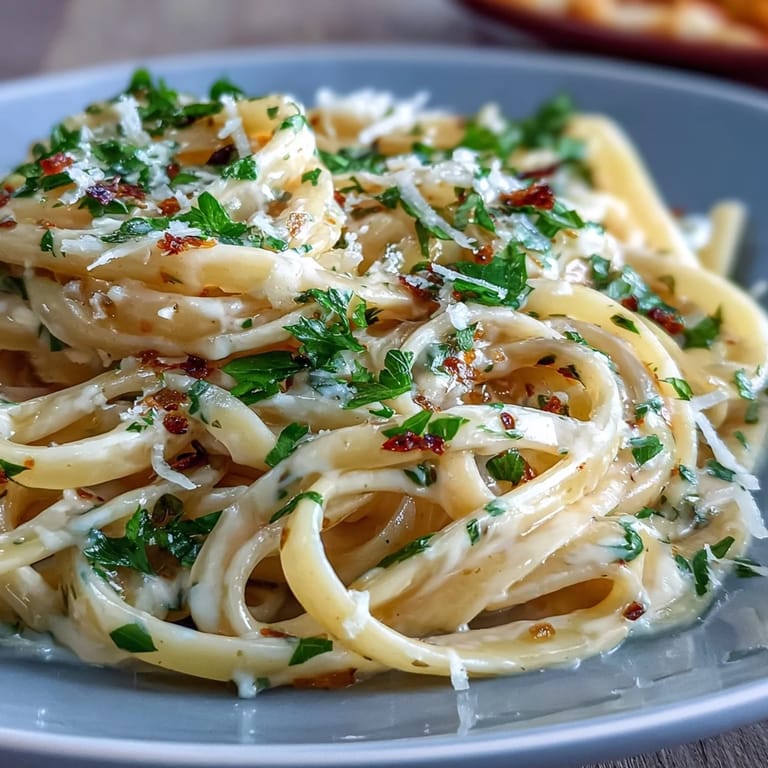 Creamy lemon butter sauce coats linguine pasta, mingling with bright green peas and a generous dusting of Parmesan cheese.