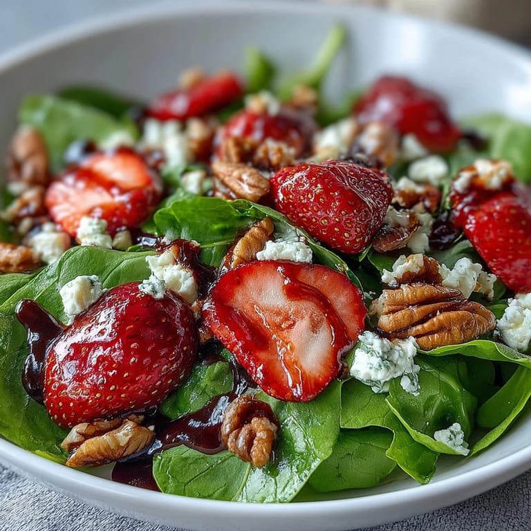 Elegant strawberry arugula salad with balsamic glaze, goat cheese crumbles, and toasted nuts—ideal for entertaining on warm spring evenings.