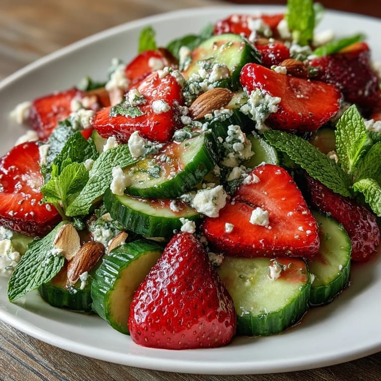 A refreshing cucumber and strawberry salad with fragrant mint, drizzled with honey-lemon vinaigrette for a bright spring side dish.  
