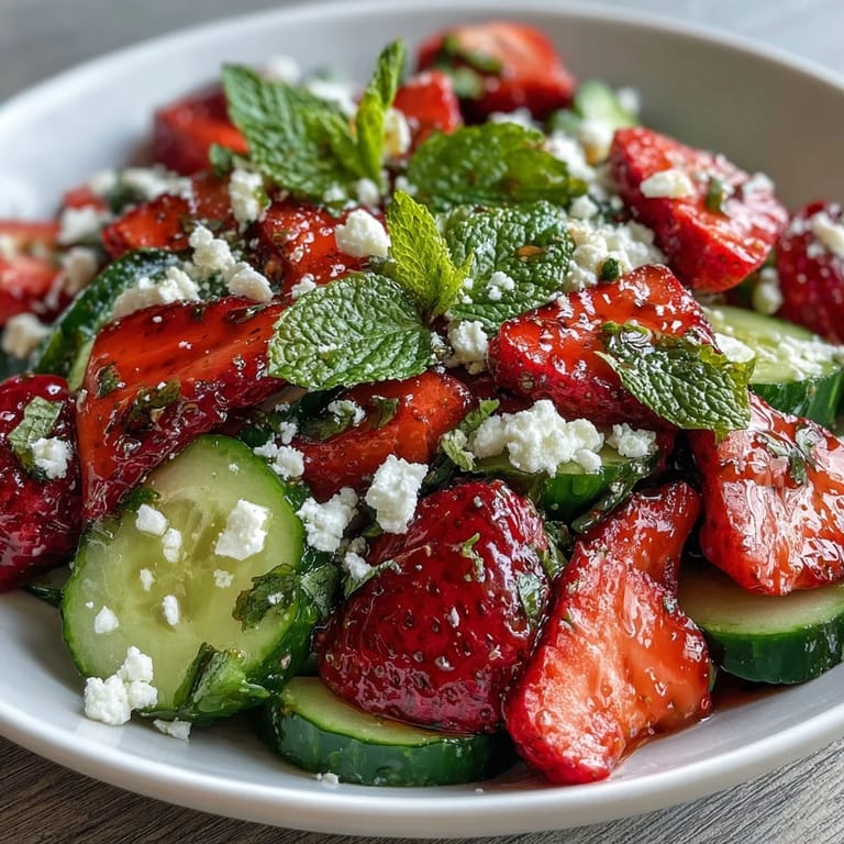 Light and colorful cucumber strawberry salad featuring juicy berries, cool cucumber slices, and aromatic mint, perfect for warm-weather meals.