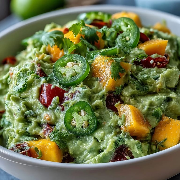 Vibrant guacamole dip featuring fresh mango chunks, jalapeño heat, and creamy avocado for a festive appetizer.