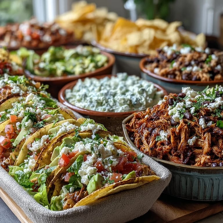 Festive Cinco de Mayo taco bar spread featuring seasoned proteins, vibrant toppings, and warm tortillas for interactive dining.