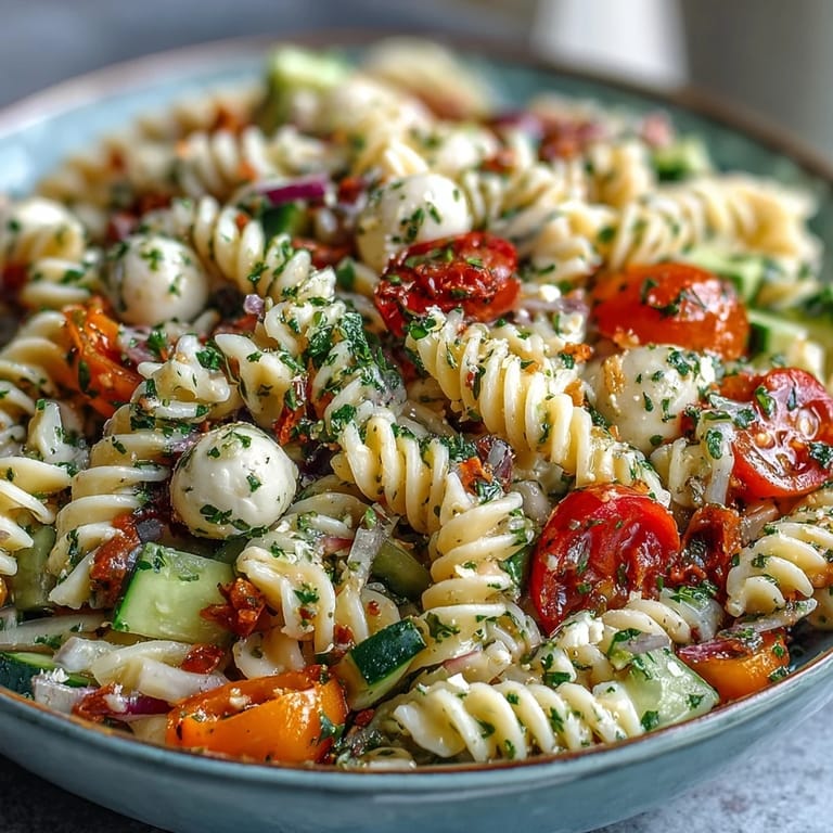 A refreshing summer pasta salad featuring crisp vegetables, creamy mozzarella, and tangy Italian dressing, perfect for picnics or light meals.