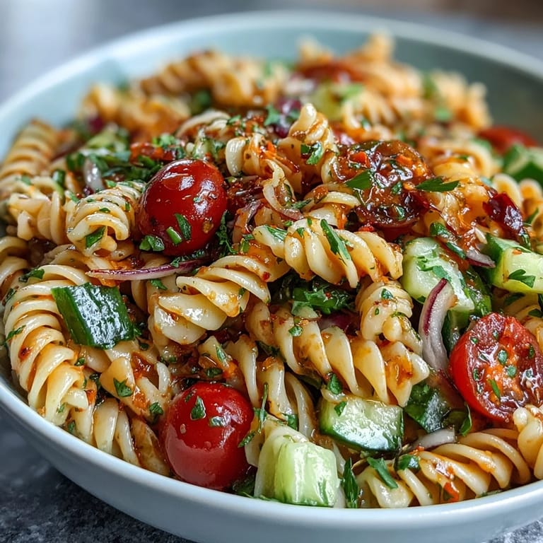 Vibrant Easy Summer Pasta Salad with Italian dressing, packed with fresh veggies and mozzarella, ideal for warm-weather gatherings.